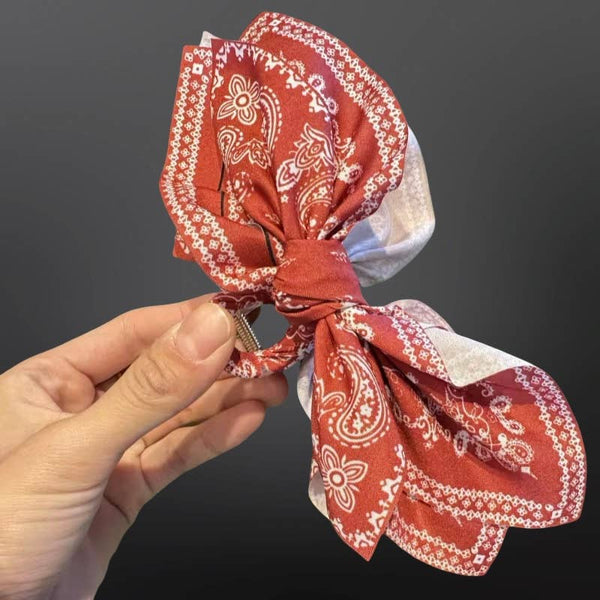 Western Paisley Claw Clip Hair Bow Bandana Print: Red