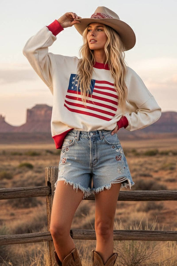 4TH OF JULY AMERICAN FLAG SWEATER TOP : RED COMBO / L