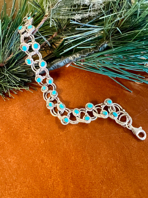 Silver & Kingman Turquoise Circle Bar Chain Bracelet