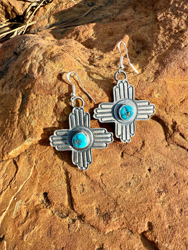 Sandcast Zia & Turquoise Dangle Earrings