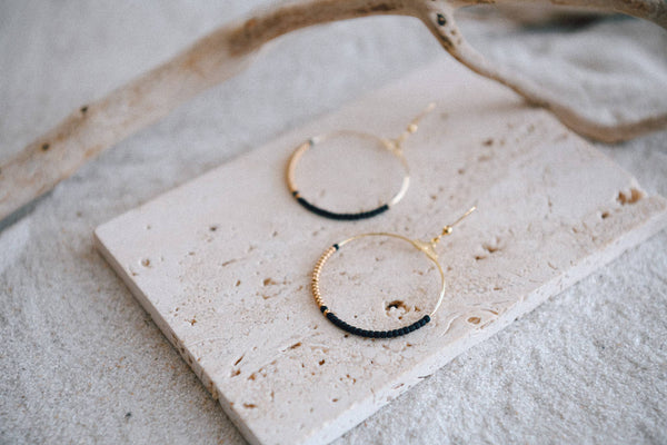 Seed Bead and Gold Plated Hoop Earring : Black