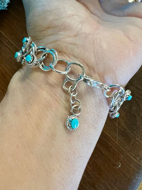 Silver & Kingman Turquoise Circle Bar Chain Bracelet