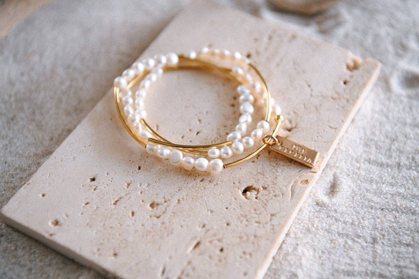 Hepburn Pearl or Gold Beaded Triple Strand Bracelets: 4mm Pearls