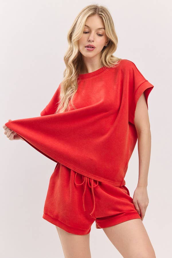 Red Mineral Washed Top and Shorts Set