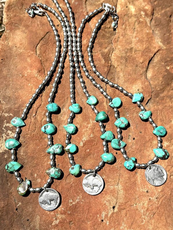 Buffalo Nickel Turquoise Choker: Buffalo facing front