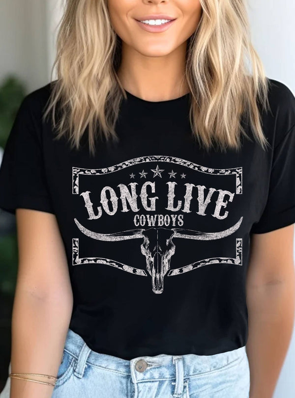 LONG LIVE COWBOYS COW SKULL GRAPHIC TSHIRTS: Black
