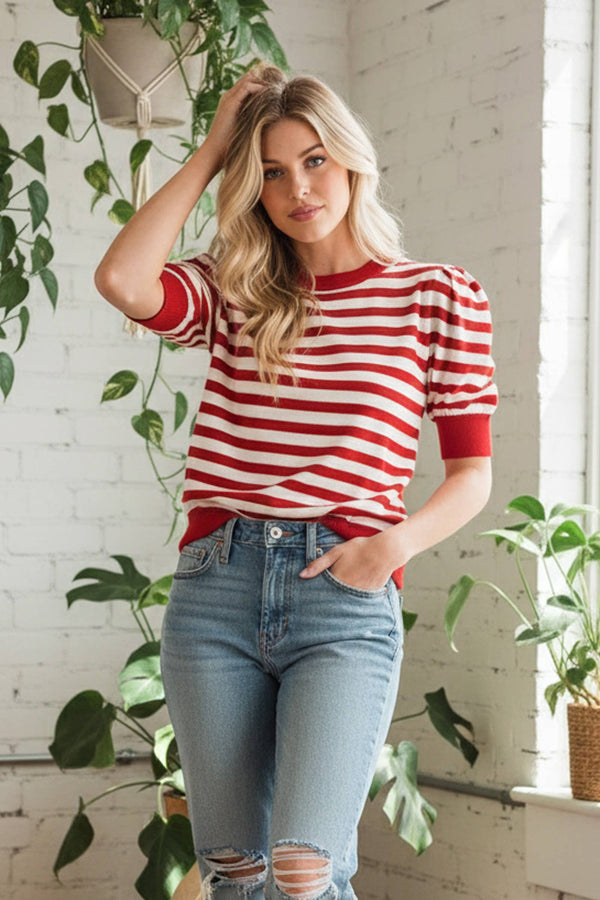 Striped Puff Sleeve Knit Sweater Top: RED and WHITE