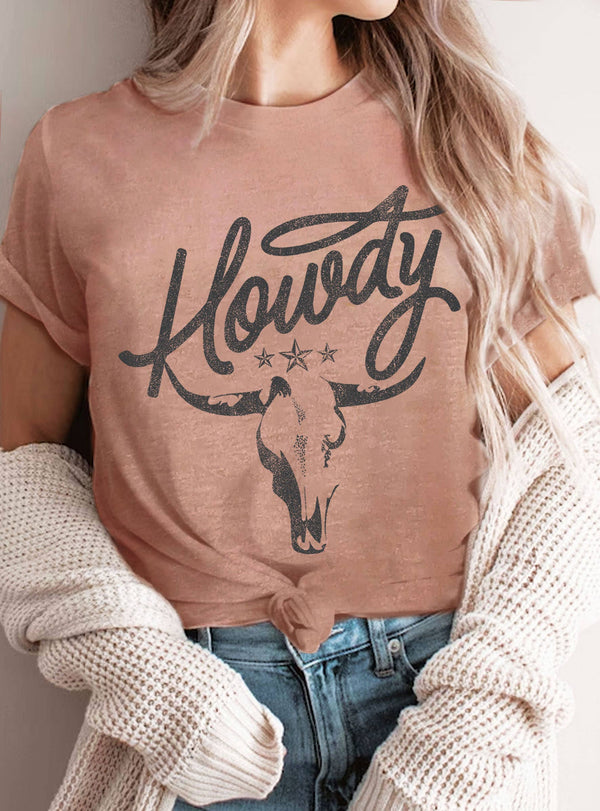 TSHIRT - HOWDY COW SKULL MAUVE