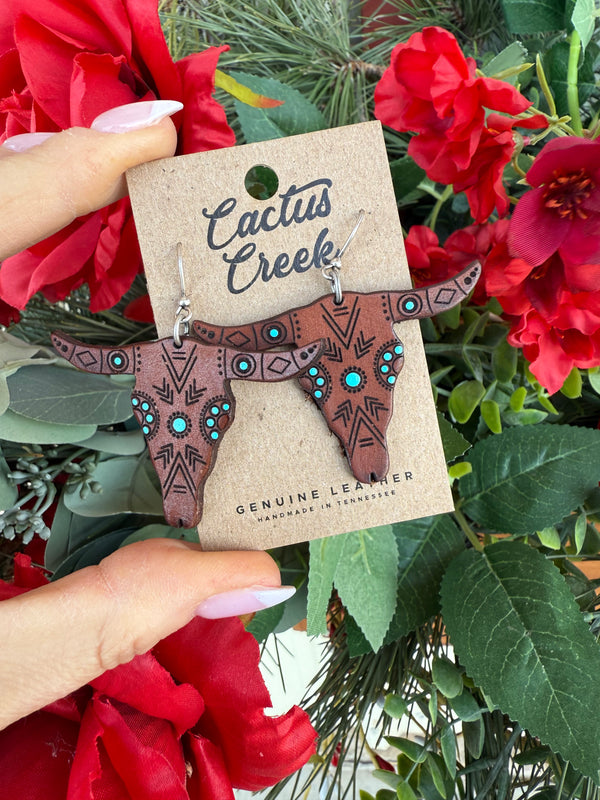 Handmade Leather Earrings: Steer Skull