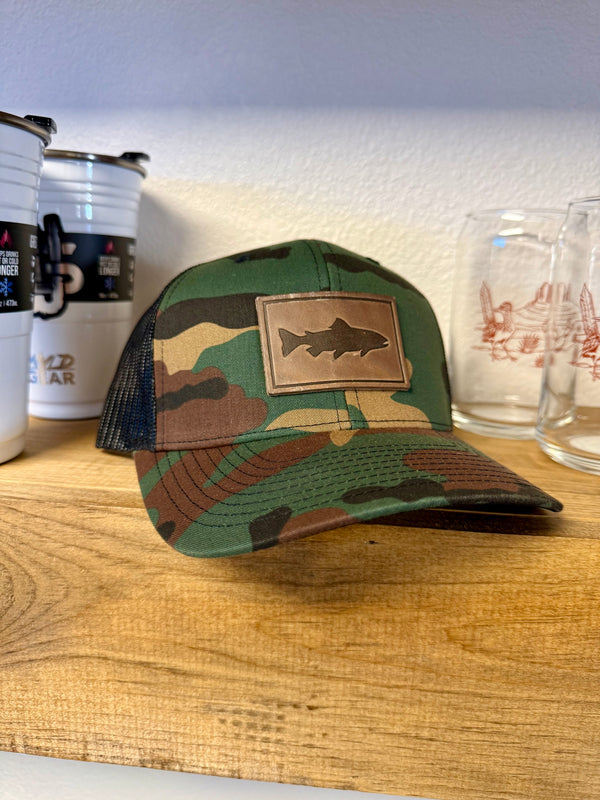 Hat - Fish Design | Leather Patch: Camo/Black