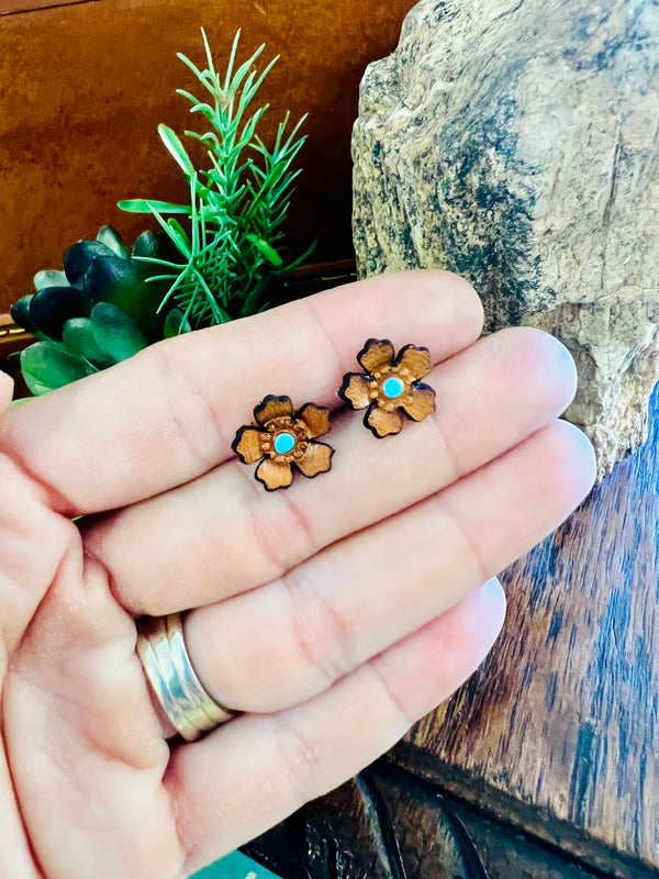 Handmade Leather Earrings - Western Flower Stud Earrings