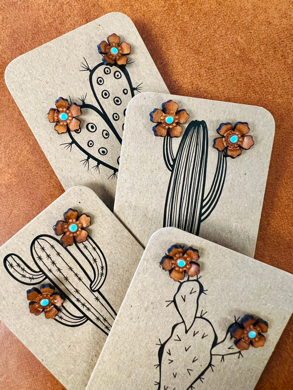 Handmade Leather Earrings - Western Flower Stud Earrings