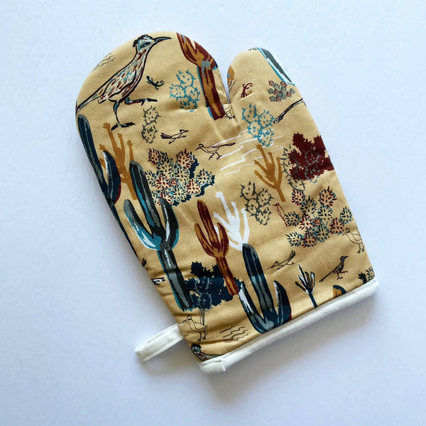 Cotton Oven Mitt - Southwest Roadrunner Saguaros -GOLD