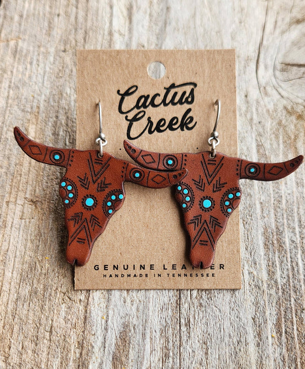 Handmade Leather Earrings: Steer Skull