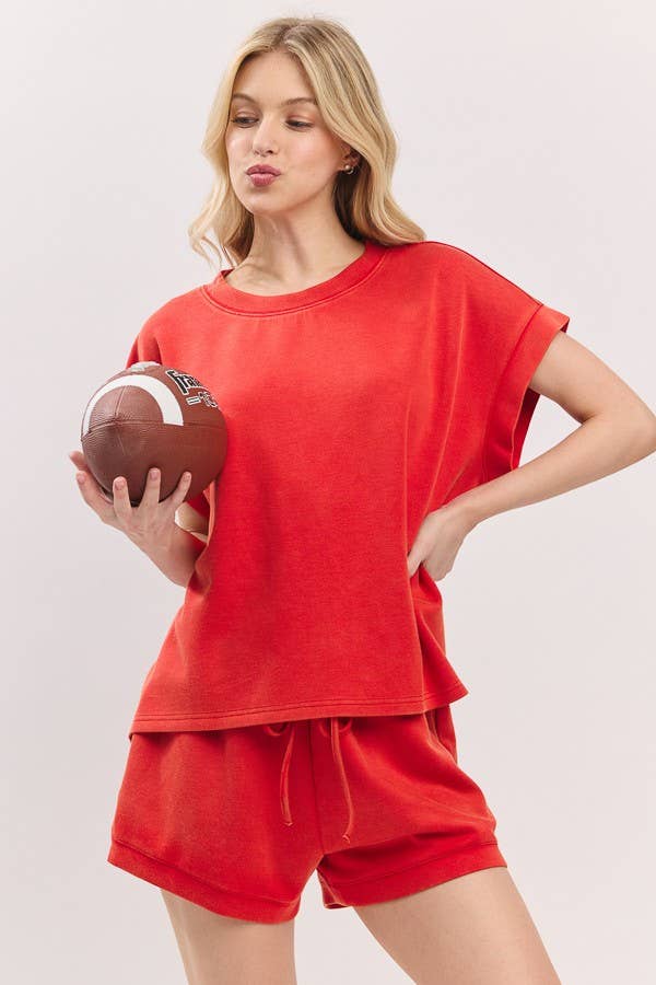 Red Mineral Washed Top and Shorts Set