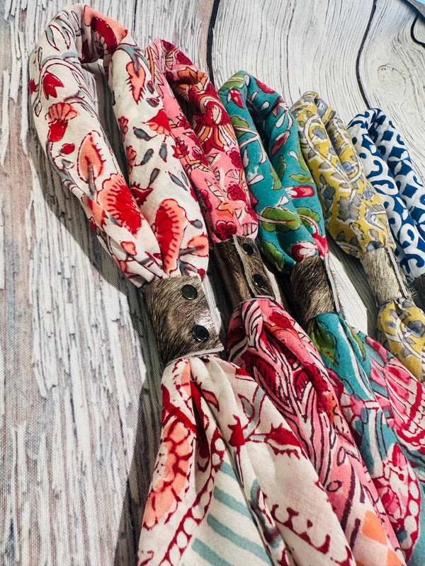 Bright Boho Bandanas With Cowhide Leather Slides