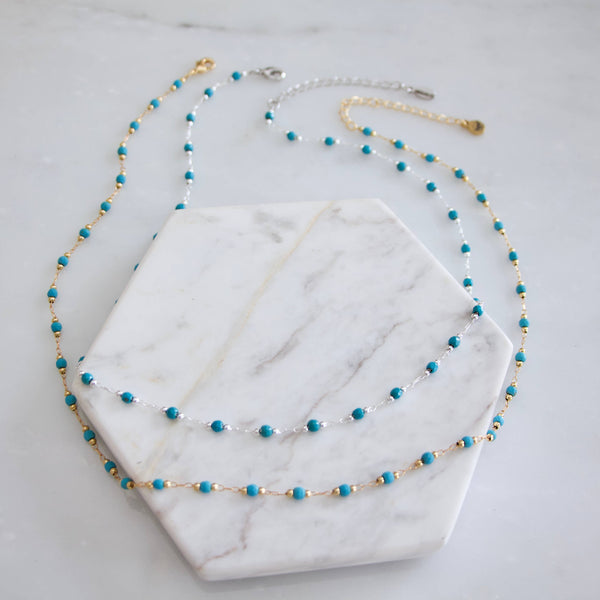 Turquoise Choker Necklace - Faceted Stone: Sterling Silver Plated