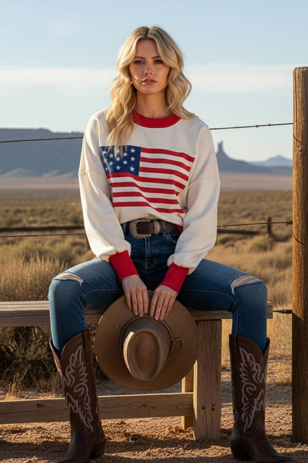 4TH OF JULY AMERICAN FLAG SWEATER TOP : RED COMBO / S
