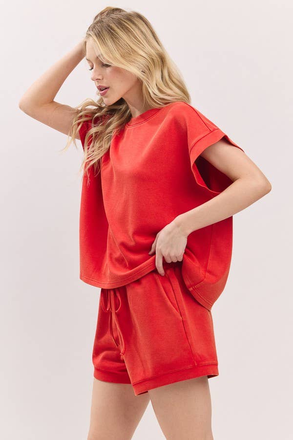 Red Mineral Washed Top and Shorts Set