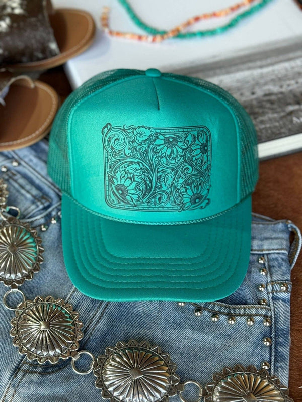 Sunflower Tooled Leather Trucker Hat: Turquoise