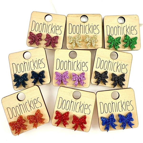 Glitter Bow Stud Earrings | Custom School Color Bow Earrings | 10 Color Options: Red Glitter