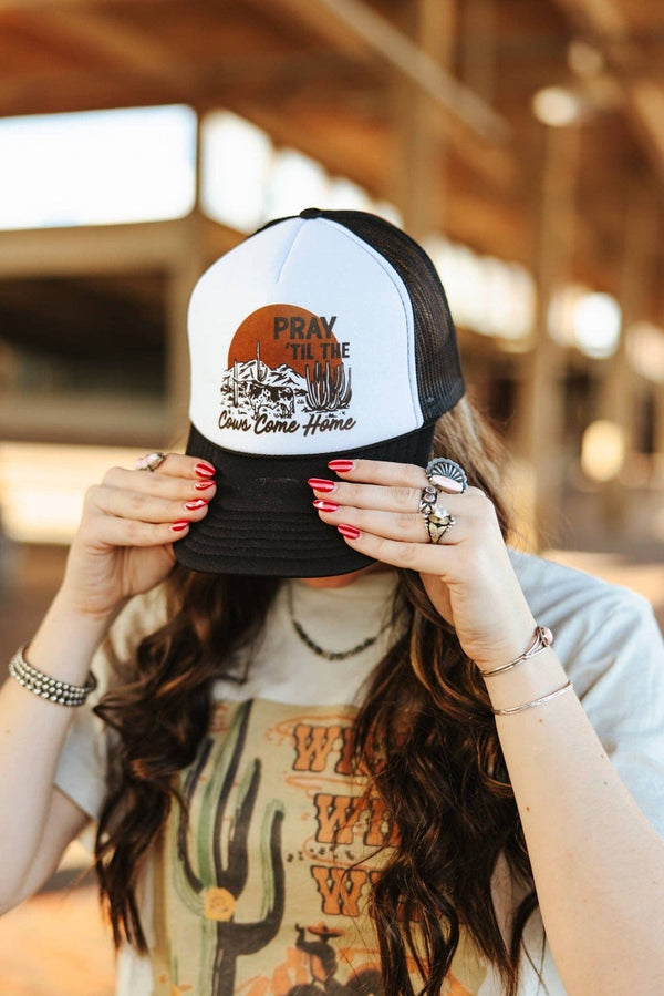 Pray Til The Cows Come Home Trucker Hat: Black and White