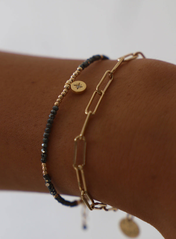 BEADED STAR MEDALLION BRACELET: Metallic Black