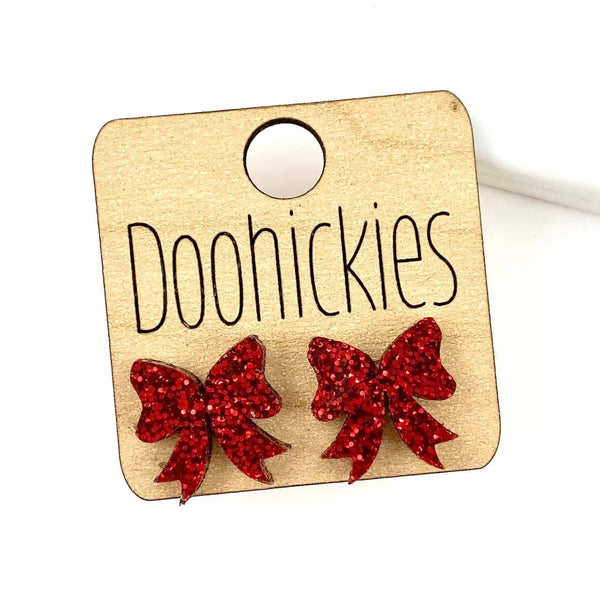 Glitter Bow Stud Earrings | Custom School Color Bow Earrings | 10 Color Options: Red Glitter