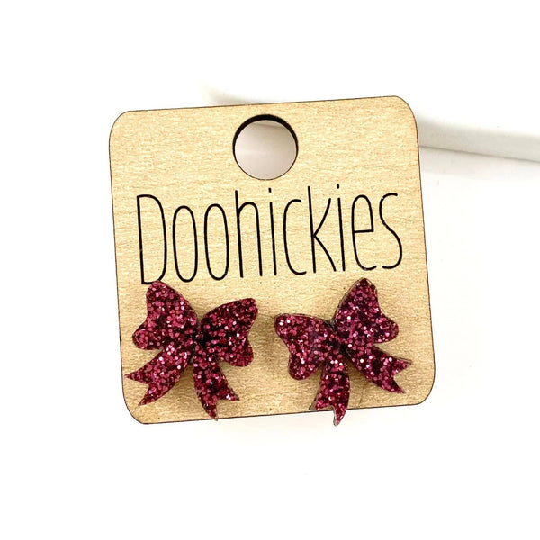 Glitter Bow Stud Earrings | Custom School Color Bow Earrings | 10 Color Options: Red Glitter