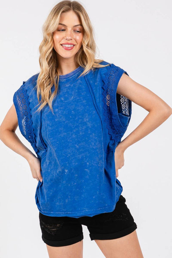 SHORT SLEEVE TOP - MINERAL WASHED TRIM : ROYAL BLUE Contemporary