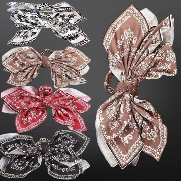 Western Paisley Claw Clip Hair Bow Bandana Print: Red