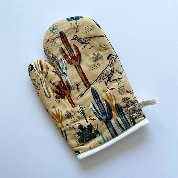 Cotton Oven Mitt - Southwest Roadrunner Saguaros -GOLD