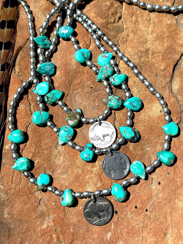Buffalo Nickel Turquoise Choker: Buffalo facing front