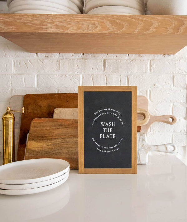 Wash the Plate | Wall Art: Soft White-Black Text / Light Brown Frame / 8 inches x 12 inches
