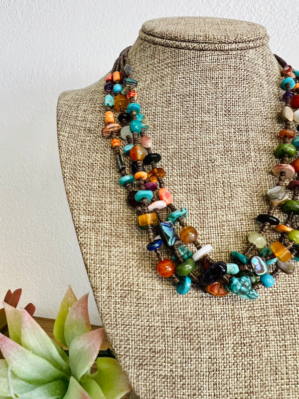 Multi-Stone and Turquoise Necklace - 4-Strand
