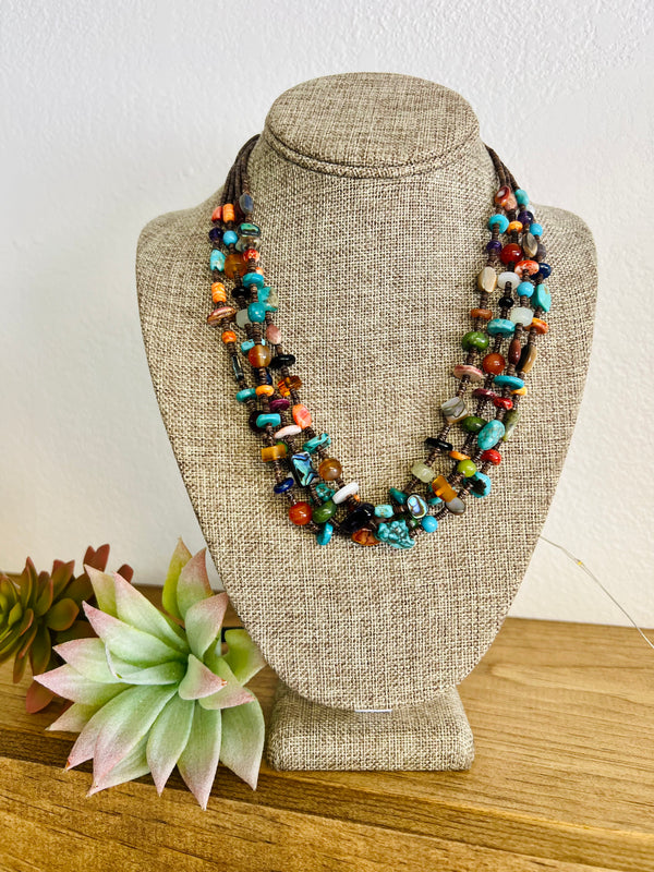 Multi-Stone and Turquoise Necklace - 4-Strand