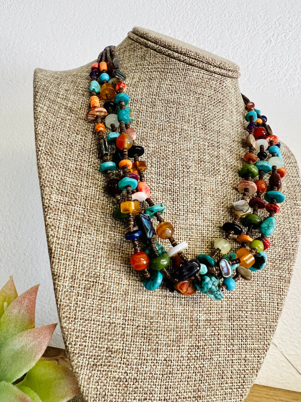 Multi-Stone and Turquoise Necklace - 4-Strand